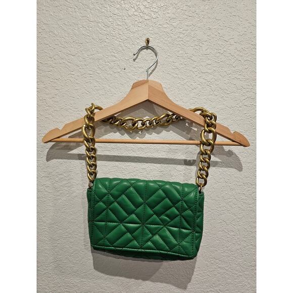 Zara Green Faux Leather Rectangle Medium Size Gold Chain Shoulder Bag - Picture 1 of 4